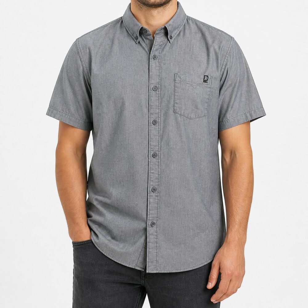 Dravus Shirt Mens Large Gray Cotton Chambray Short Sleeve Classic Button-Down